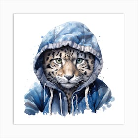 Watercolour Cartoon Snow Leopard In A Hoodie 1 Art Print