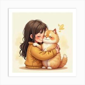 Human Hugging A Fluffy Persian Cat, Watercolor Effect, Warm Colors 1 Art Print