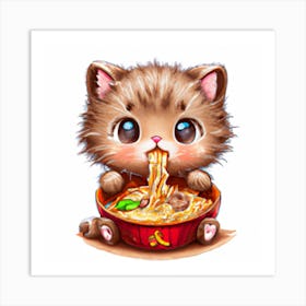 Cute Kitten Eating Noodles Art Print