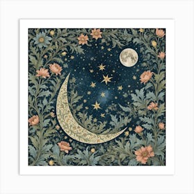 Moon And Flowers Art Print