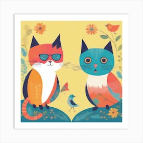 Cats And Birds Art Print