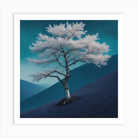 White Tree on blue mountain Art Print