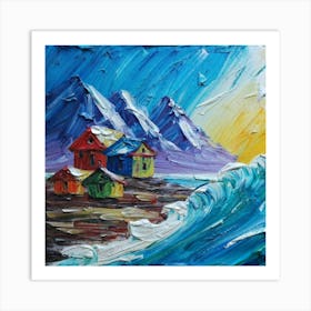 Acrylic and impasto pattern, mountain village, sea waves, log cabin, high definition, detailed geometric 17 Art Print