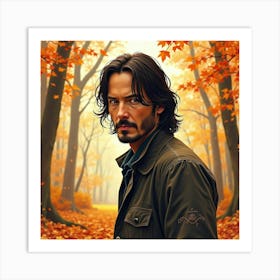 Keanu Reeves In A Watercolor Woodland Scene With Autumn Leaves In Warm Tones Art Print