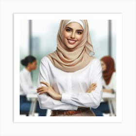 A beautiful, confident, and intelligent young woman wearing a hijab is standing in an office with her arms crossed, smiling at the camera, while two other women are working in the background Art Print