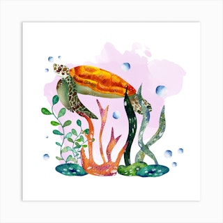 Watercolor Sea Turtle Square Art Print