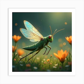 A Whimsical Grasshopper With Iridescent Wings Hopping Through A Meadow Of Glowing Flowers Art Print