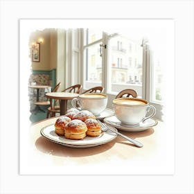 French Café Scene In Watercolor With Elegant Pastries And Coffee Cups 1 Art Print