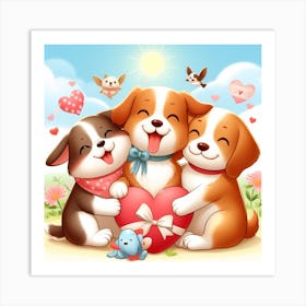 Three Dogs Hugging A Heart Art Print