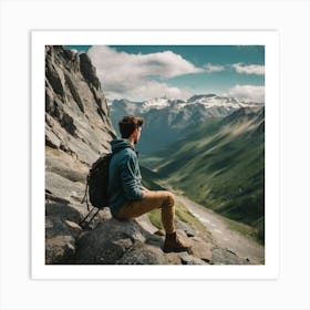 Man Sitting On Top Of A Mountain Art Print