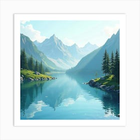 Majestic Watercolor Mountains And Crystal Clear Lake 1 Art Print