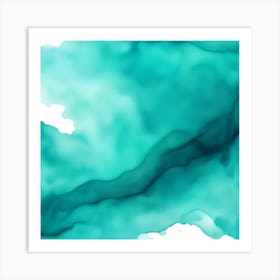 Beautiful aqua teal abstract background. Drawn, hand-painted aquarelle. Wet watercolor pattern. Artistic background with copy space for design. Vivid web banner. Liquid, flow, fluid effect. Art Print