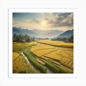 Golden Rice Field Scenery at Sunrise Art Print