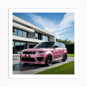 A Sleek Pink Range Rover Sport With A High Gloss Finish In Front Of Modern Mansion Art Print