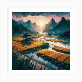Beautiful views of rice fields, close to the river and surrounded by mountains, 1 Art Print