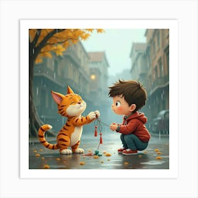 A Gentle Cat And A Boy Playing With A String Toy On A Rainy Day 1 Art Print