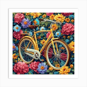 Yellow Bicycle With Flowers Art Print