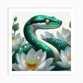Snake With Lotus Flowers Art Print