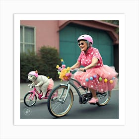 Grandma And Her Pet Cat Riding Bicycles 1 Art Print