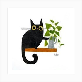 Cat With Plant Art Print