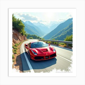 A Vibrant Ferrari Speeding Down A Watercolor Mountain Road 1 1 Art Print