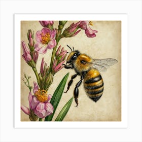 Bee On Pink Flowers Art Print