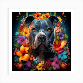 Flower Dog Blue Pitbull Art Print