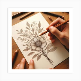 Pencil Drawing Of Flowers Art Print