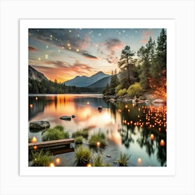 Lake With Lights At Sunset Art Print