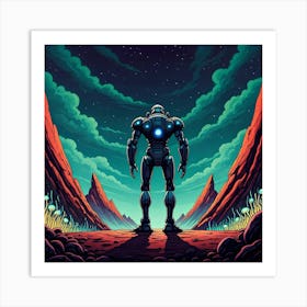 Robot exploring alien landscape Art Print