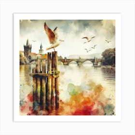 Watercolor Of A Seagull On A Post Art Print