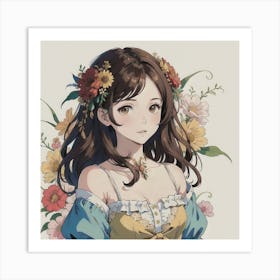 Elegant Floral Charm: A Girl With Brown Hair Wears A Delicate Dress Adorned With Flower Hair Accessories Art Print