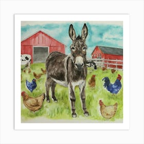 Donkey And Chickens Art Print
