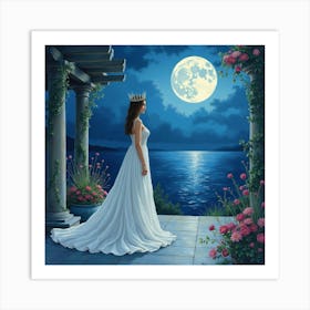 Graceful Queen In A Watercolor Moonlit Terrace 1 Art Print