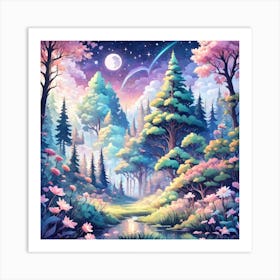 A Fantasy Forest With Twinkling Stars In Pastel Tone Square Composition 125 Art Print