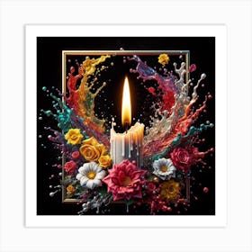 A lit candle inside a picture frame surrounded by flowers 4 Art Print