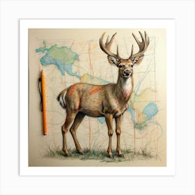 Deer On A Map Art Print