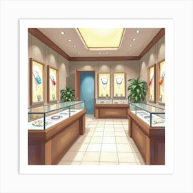 Elegant Jewelry Store In Watercolor, Featuring Sparkling Gemstones And Display Cases Art Print