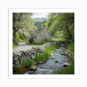 Stone Cottage By The Stream Art Print