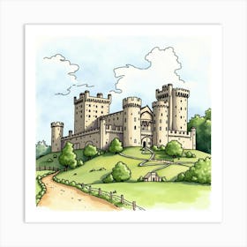 Watercolor Painting Of The Dunster Castle In Somerset, Highlighting Its Medieval Design And Scenic Landscape Art Print