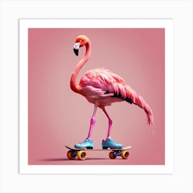 Flamingo On Skateboard Art Print