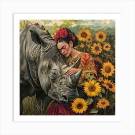 Frida Kahlo with a Rhino. Animal Conservation Series. Art Print