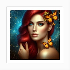 Red Haired Woman With Butterflies Art Print