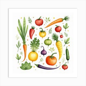 Charming Watercolor Composition Of Vegetables And Fruits In A Lovely Display 1 Art Print