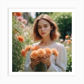 Photo Medium Shot Woman Posing In Romantic Garden Beautiful Summer Flowers In Girl Hands 0 Art Print