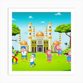 Children Playing In The Park With Mosque Art Print