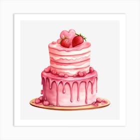 Pink Cake With Strawberries 1 Art Print