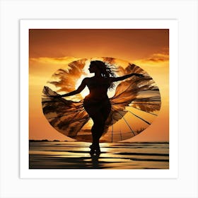 Silhouette Of A Woman At Sunset Art Print