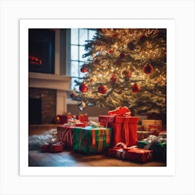 Christmas Presents Under Christmas Tree At Home Next To Fireplace Haze Ultra Detailed Film Photog (12) Art Print