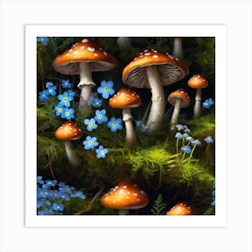 Woodland Ferns, Fly Agaric and Forget-me-nots Art Print